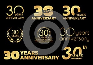 30 years anniversary icon or logo set. 30th birthday celebration golden badge or label for invitation card, jubilee design. Vector